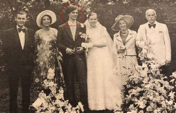 Brigitte at her wedding to&nbsp;Andr&eacute;-Louis Auzi&egrave;re (circled) in June 1974. He died in December last year at the age of 69